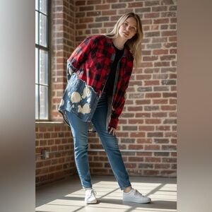 Red Black Plaid Distressed Flannel Denim Shirt Shacket I4